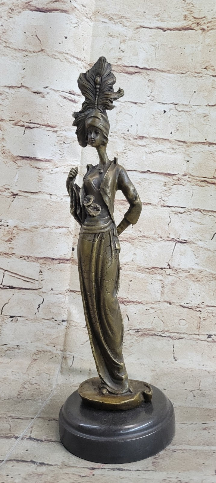Large Elegant Victorian Lady in Feather Plume Hat Bust Sculpture Signed Statue