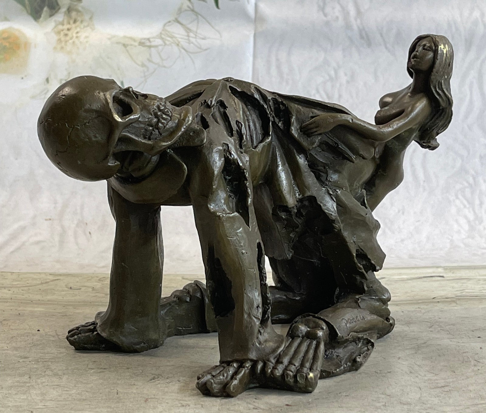 Art Deco/Nouveau Erotic Nude Naked Woman with Skeleton Wine Holder Figurine Sale