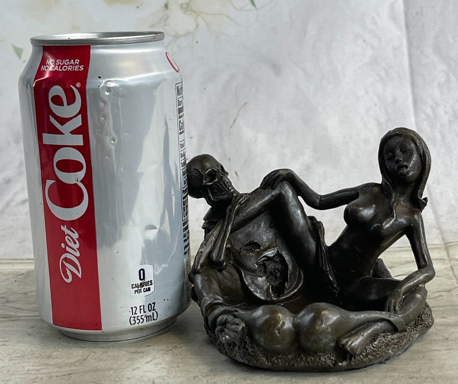 100% Solid Bronze Erotic Art Deco Skeleton with Nymph Ashtray Sculpture – Collector’s Sale