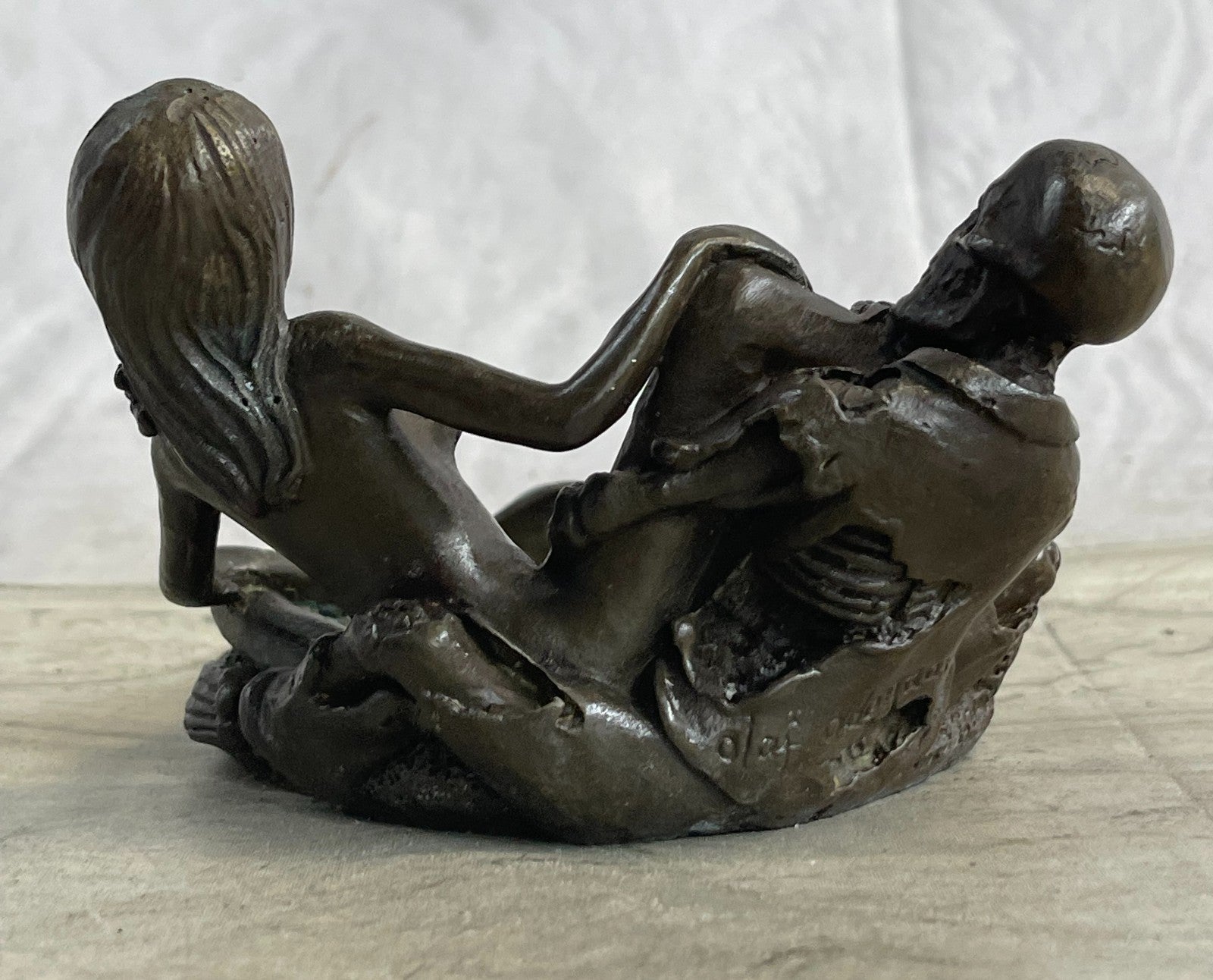 100% Solid Bronze Erotic Art Deco Skeleton with Nymph Ashtray Sculpture – Collector’s Sale