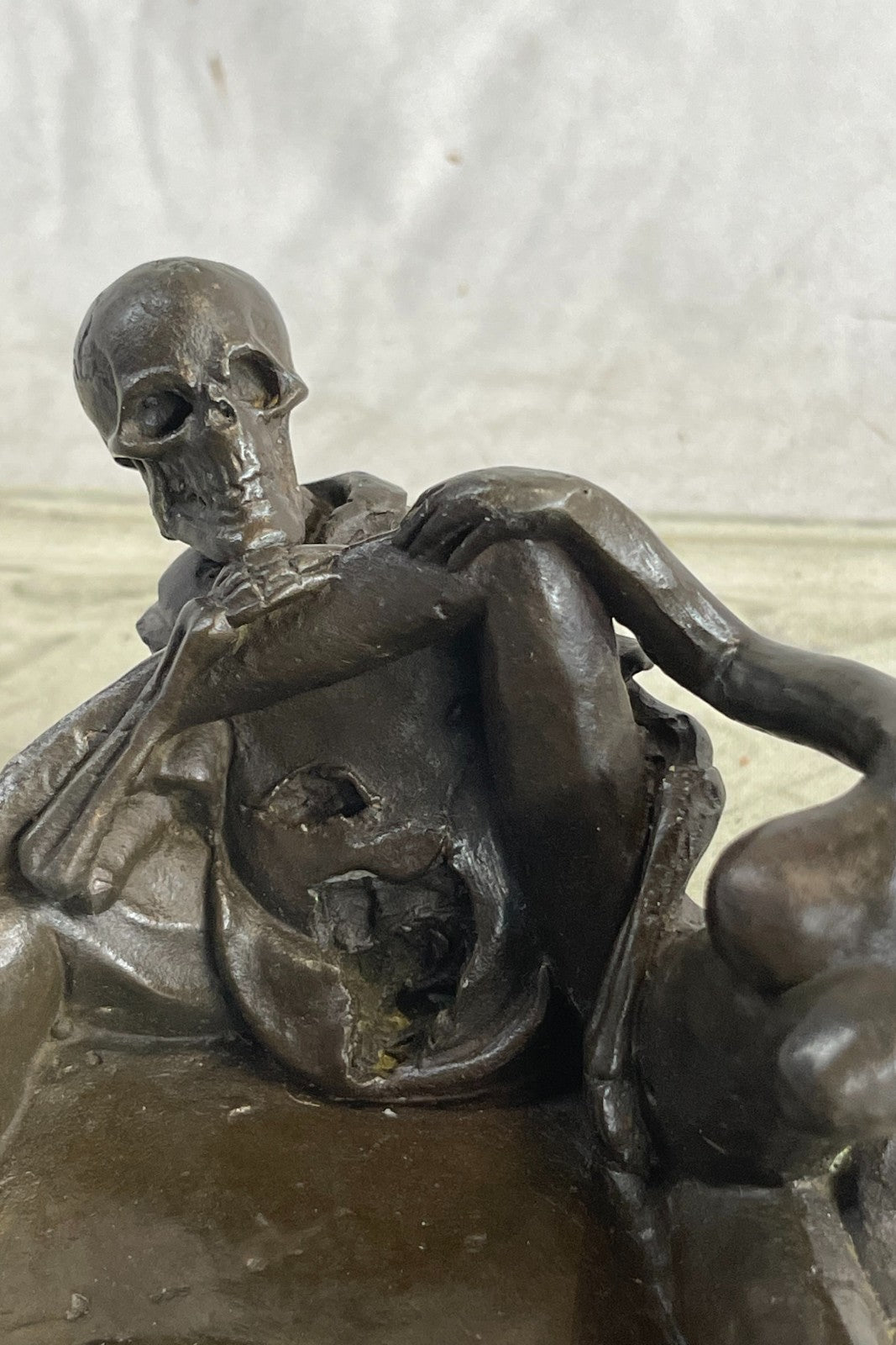 100% Solid Bronze Erotic Art Deco Skeleton with Nymph Ashtray Sculpture – Collector’s Sale