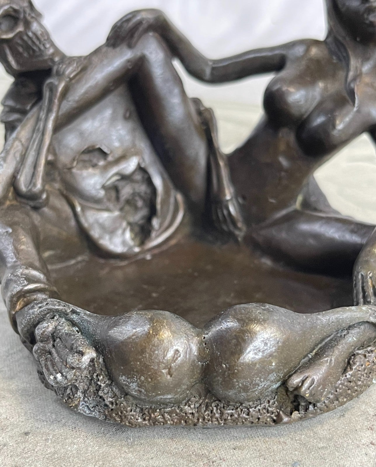 100% Solid Bronze Erotic Art Deco Skeleton with Nymph Ashtray Sculpture – Collector’s Sale