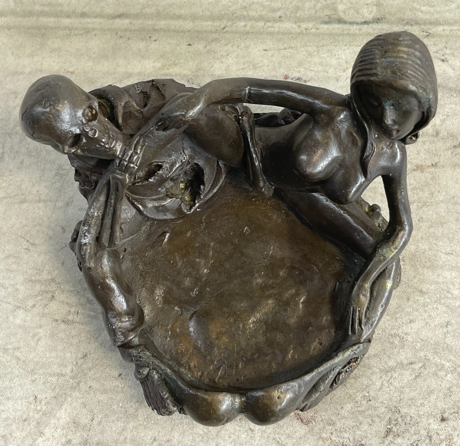 100% Solid Bronze Erotic Art Deco Skeleton with Nymph Ashtray Sculpture – Collector’s Sale