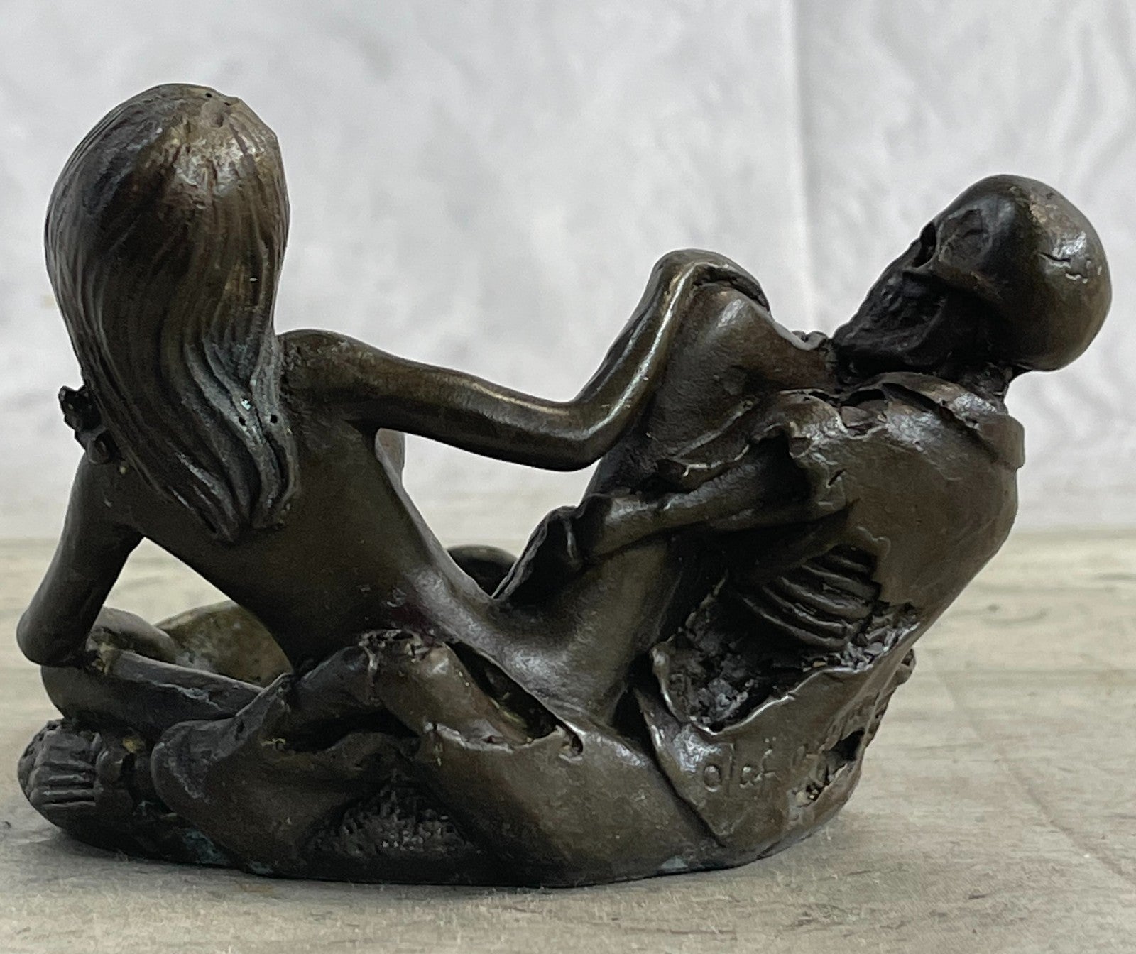 100% Solid Bronze Erotic Art Deco Skeleton with Nymph Ashtray Sculpture – Collector’s Sale
