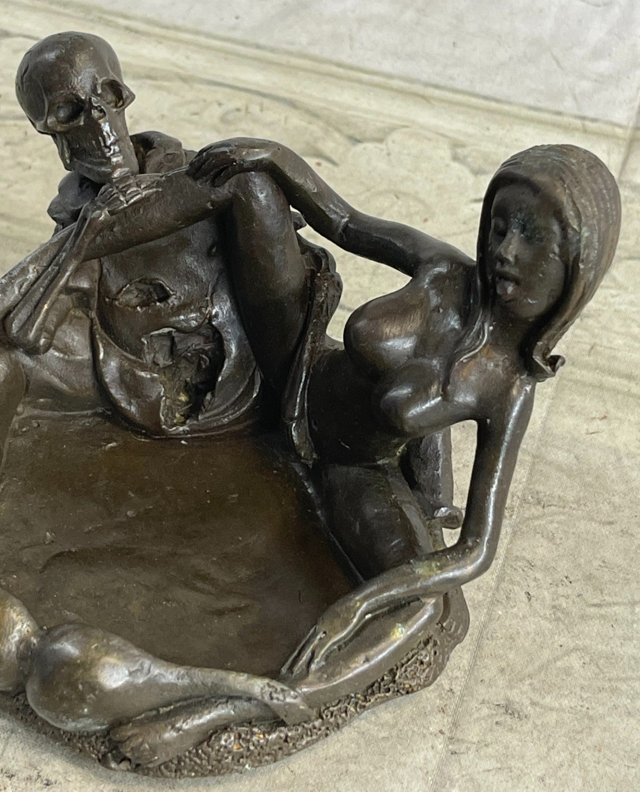 100% Solid Bronze Erotic Art Deco Skeleton with Nymph Ashtray Sculpture – Collector’s Sale