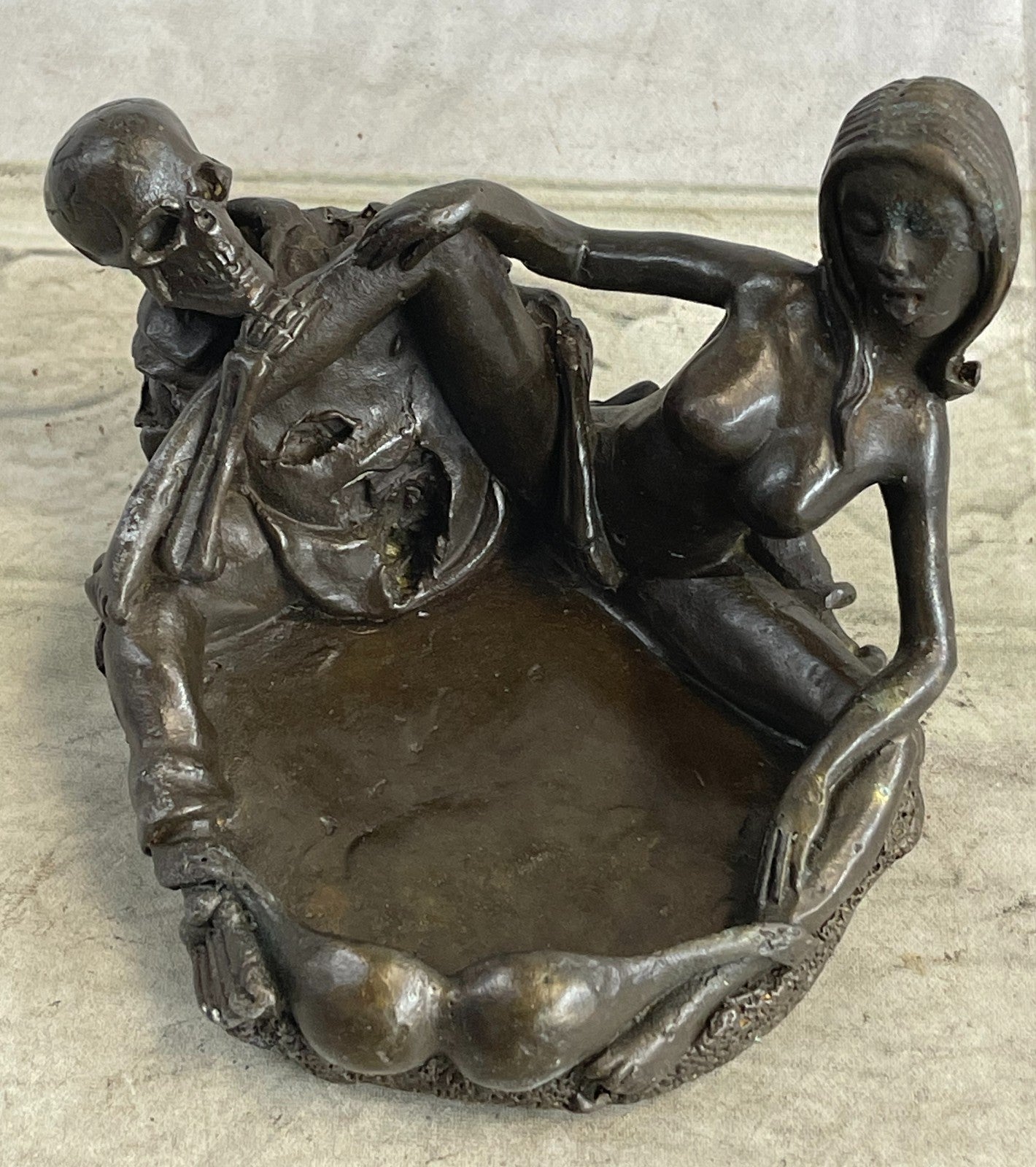 100% Solid Bronze Erotic Art Deco Skeleton With Nymph Ashtray Sculpture Figurine