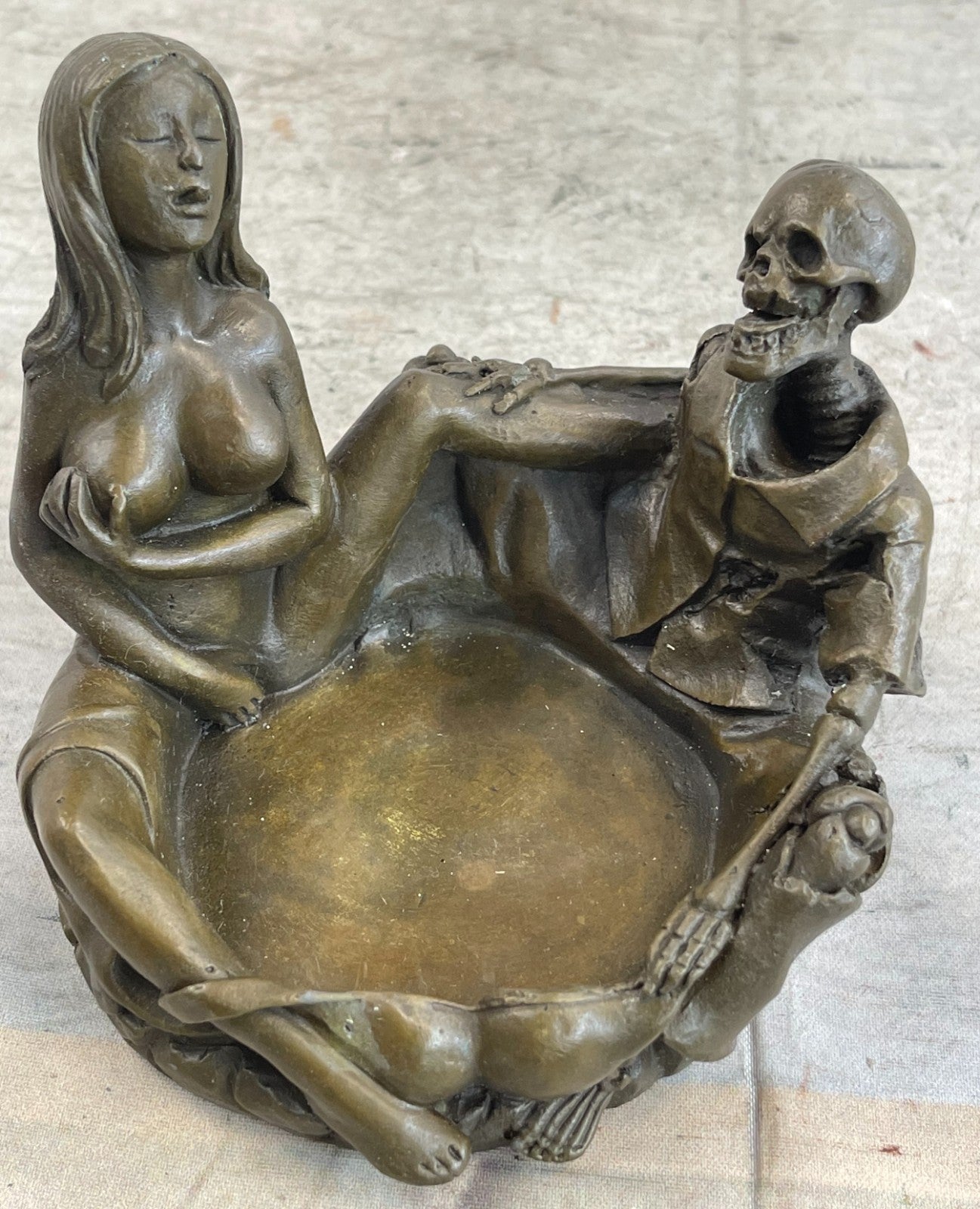 New Signed Original Artist Bar Office Home Deco Ashtray Skeleton Nude Bronze