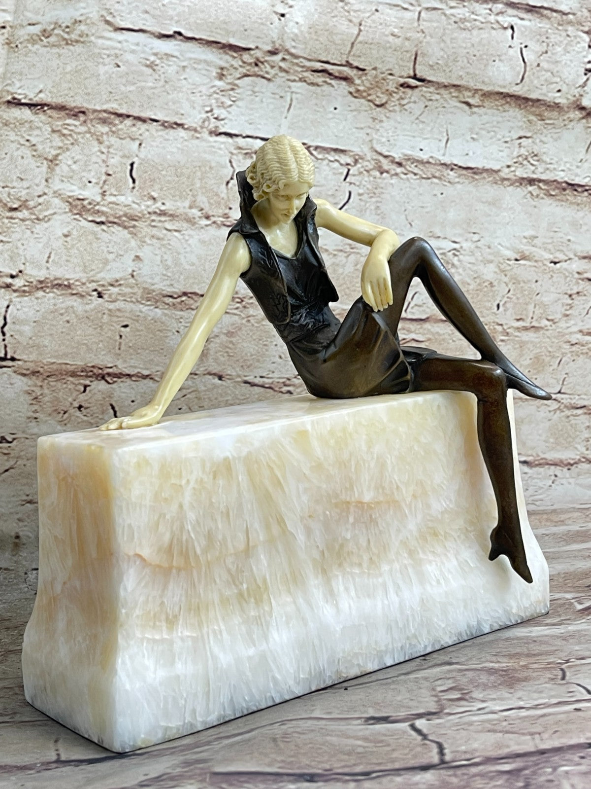Art Nouveau Sexy Female Bronze & Faux Bone Sculpture on White Marble Base Figure
