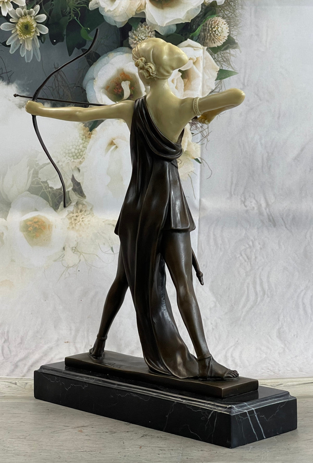 Diana with a bow statue made of bronze standing on a marble base Lost Wax Method