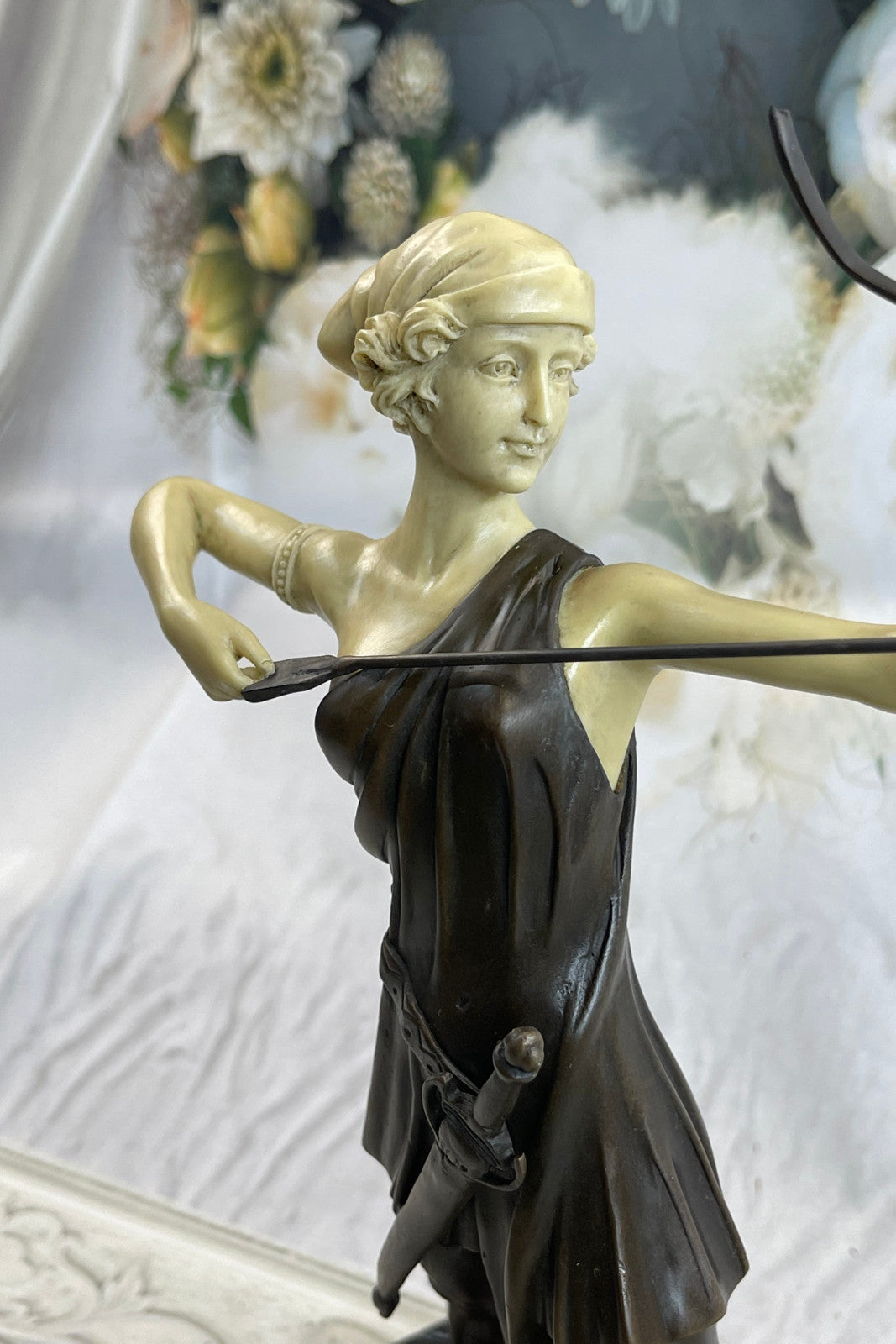 Diana with a bow statue made of bronze standing on a marble base Lost Wax Method