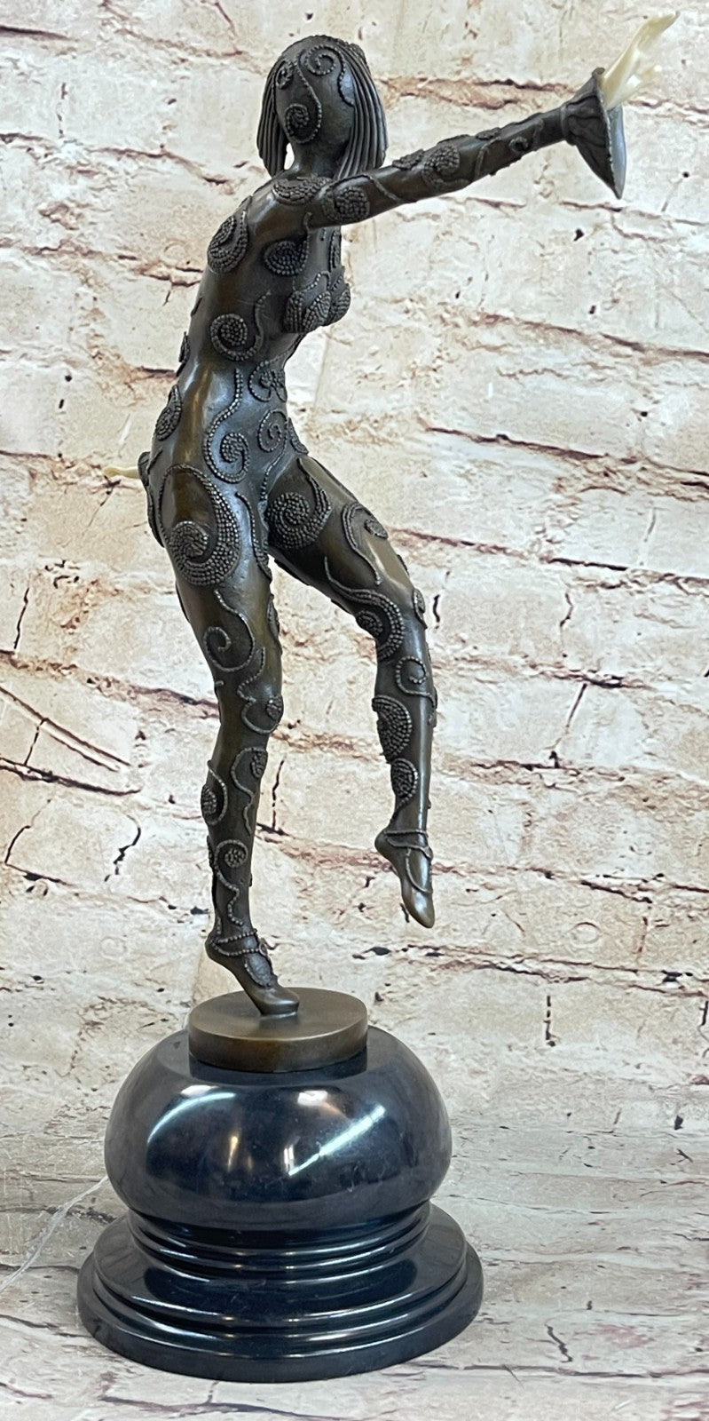 SIGNED BRONZE SCULPTURE ART DECO HIGHLY DETAILED PREISS STATUE ON MARBLE