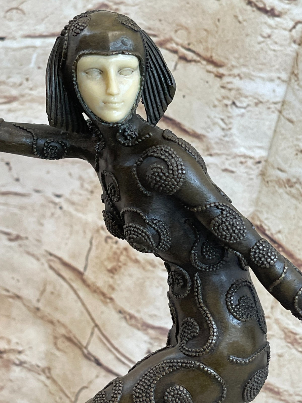 SIGNED BRONZE SCULPTURE ART DECO HIGHLY DETAILED PREISS STATUE ON MARBLE