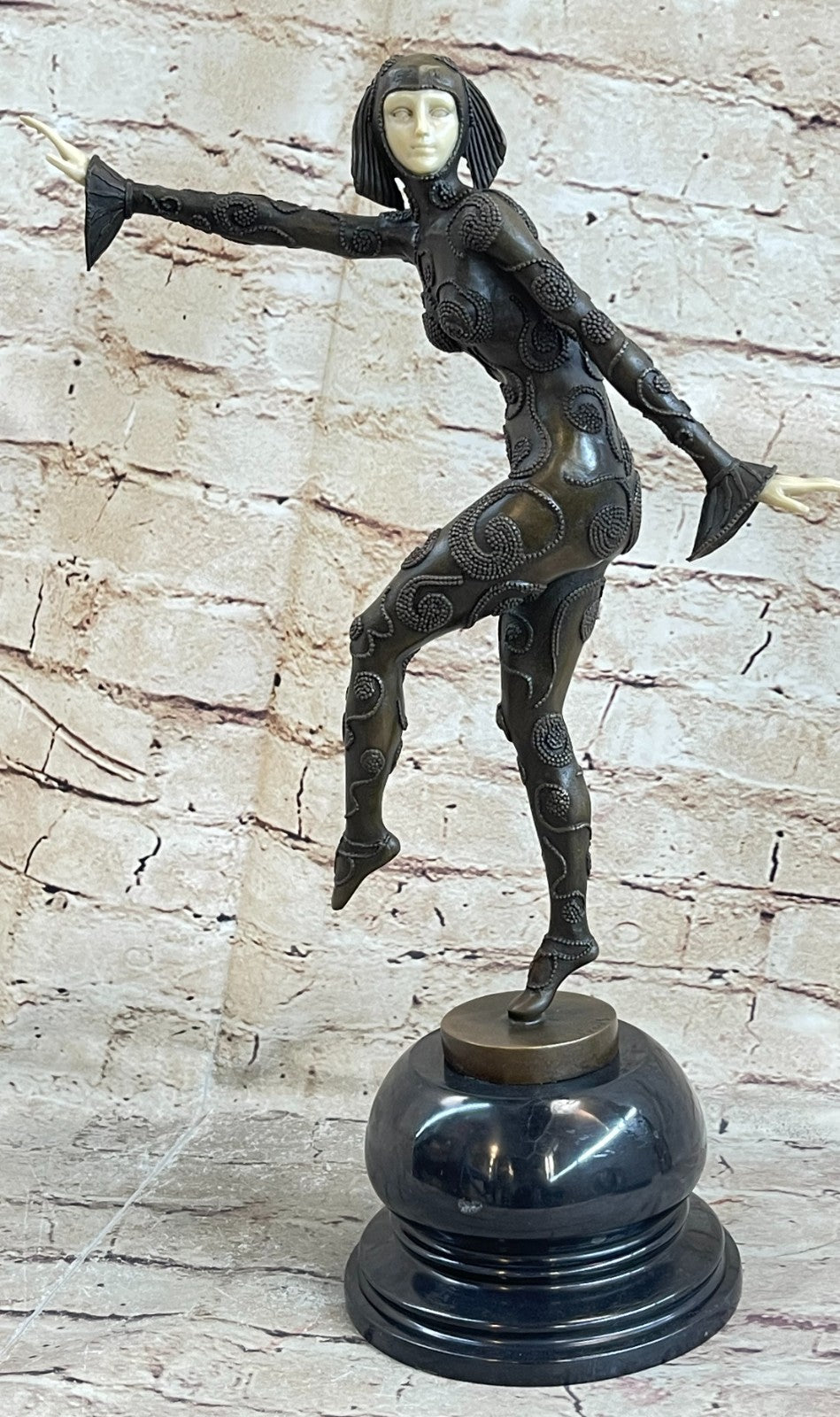 SIGNED BRONZE SCULPTURE ART DECO HIGHLY DETAILED PREISS STATUE ON MARBLE