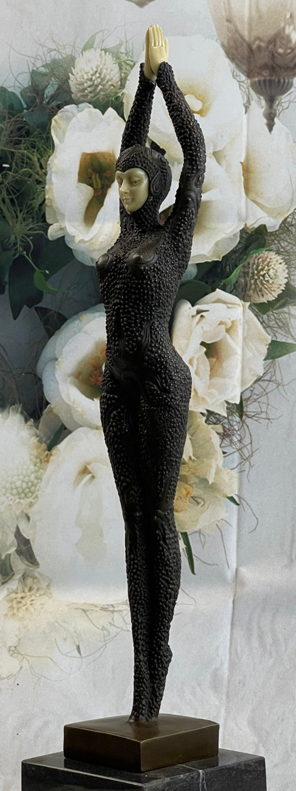 Signed Chiparus Art Nouveau  Arms Raised Lady Bronze And Faux Bone Sculpture Fig