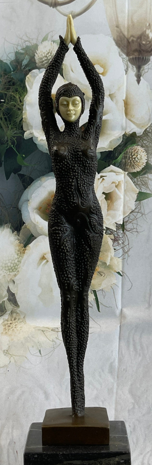 Signed Chiparus Art Nouveau  Arms Raised Lady Bronze And Faux Bone Sculpture Fig