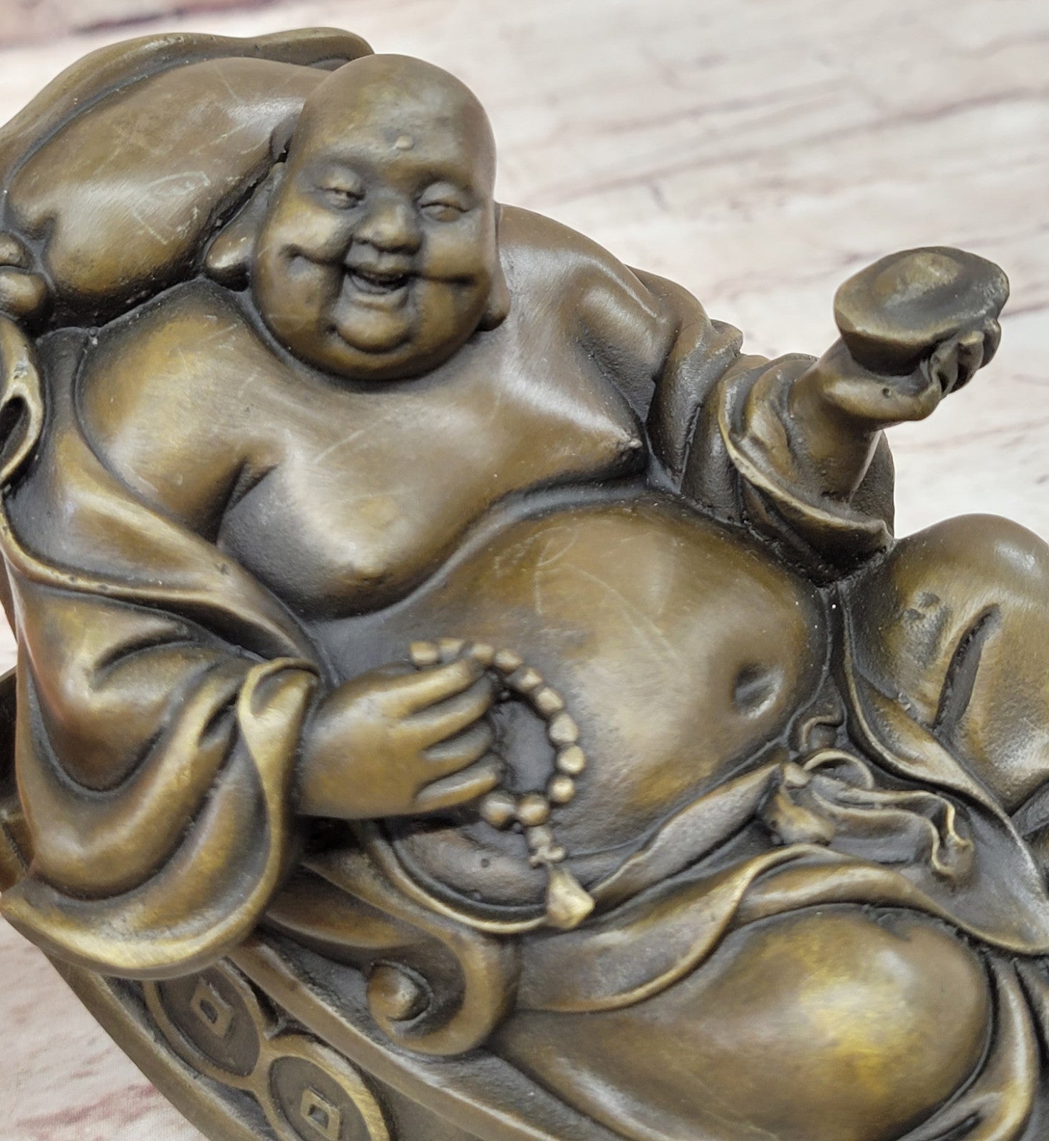 Laughing Fat Buddha Bronze Sculpture: Handmade Joyous Vintage Artwork Sale