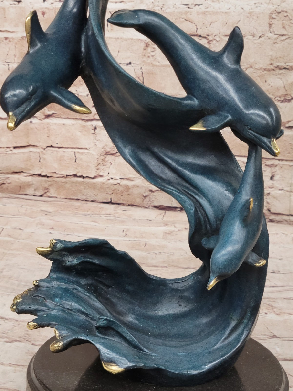 Detailed Dolphins Swimming in Ocean Bronze Sculpture with Special Patina