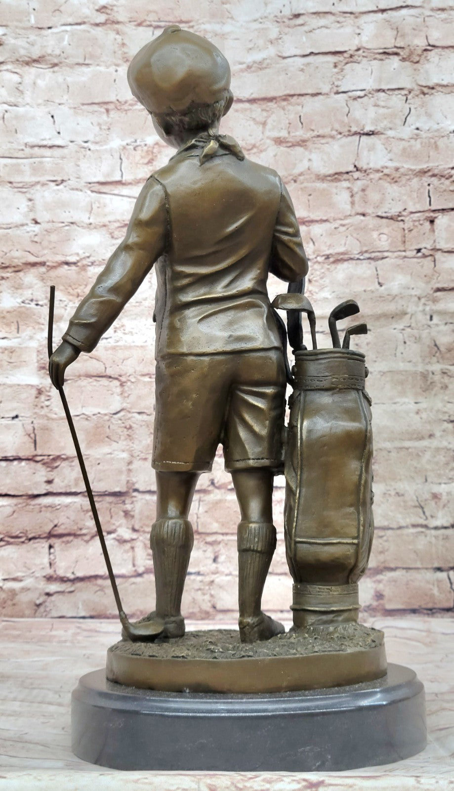 Hand Made Caddy Boy Golfer Bronze Figurine on Marble Base - Signed Artwork