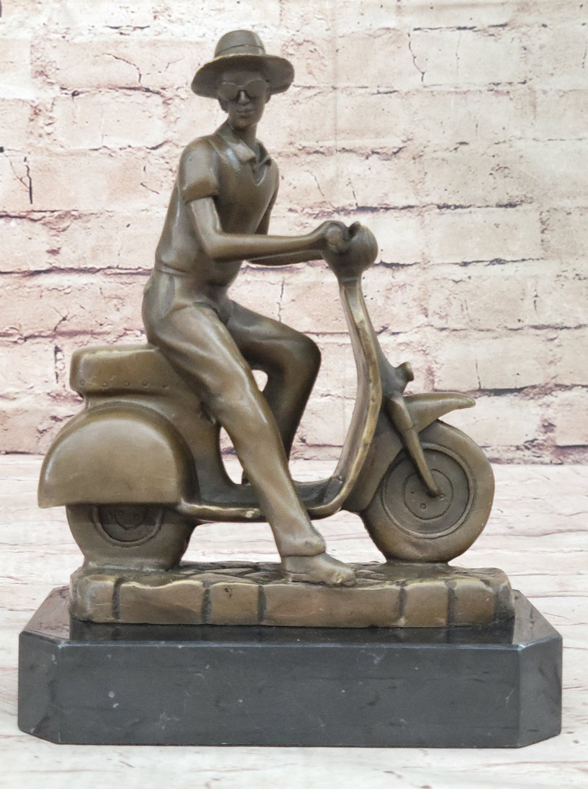 Modern Asian Man on Moped Bike Solid Bronze Sculpture Collectible Artwork Figurine Hot Cast