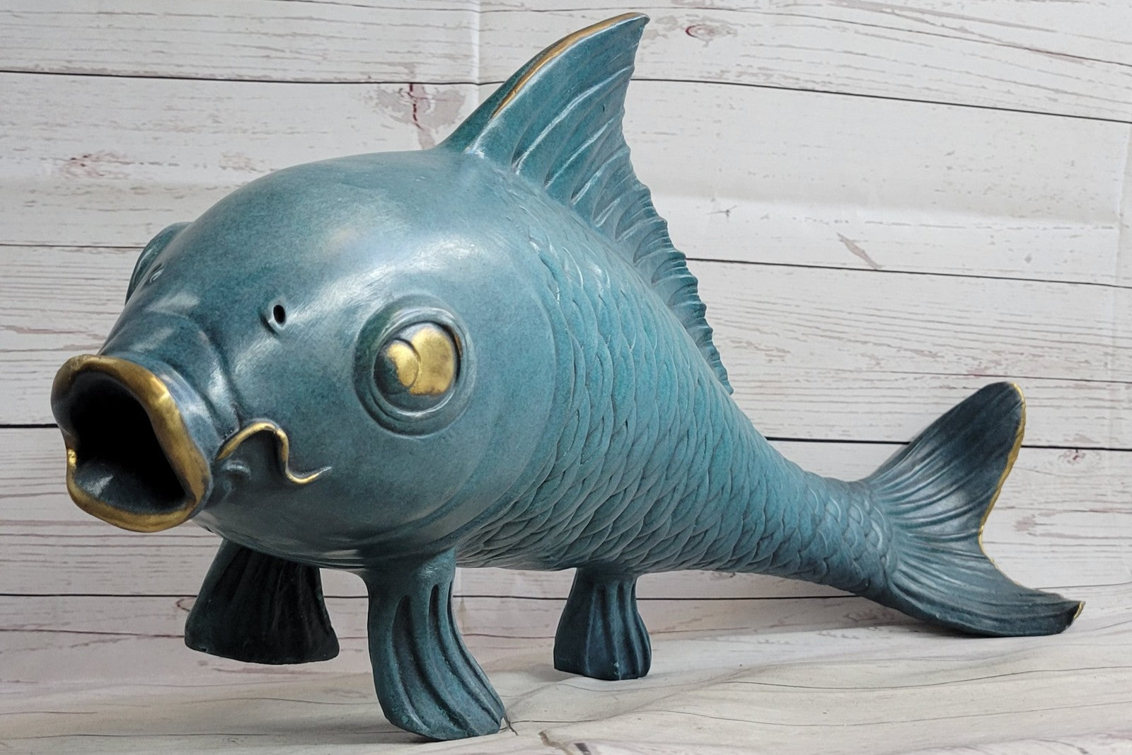 Art Deco Green Patina Fish Fisherman Cabin Decor Bronze Sculpture Figurine