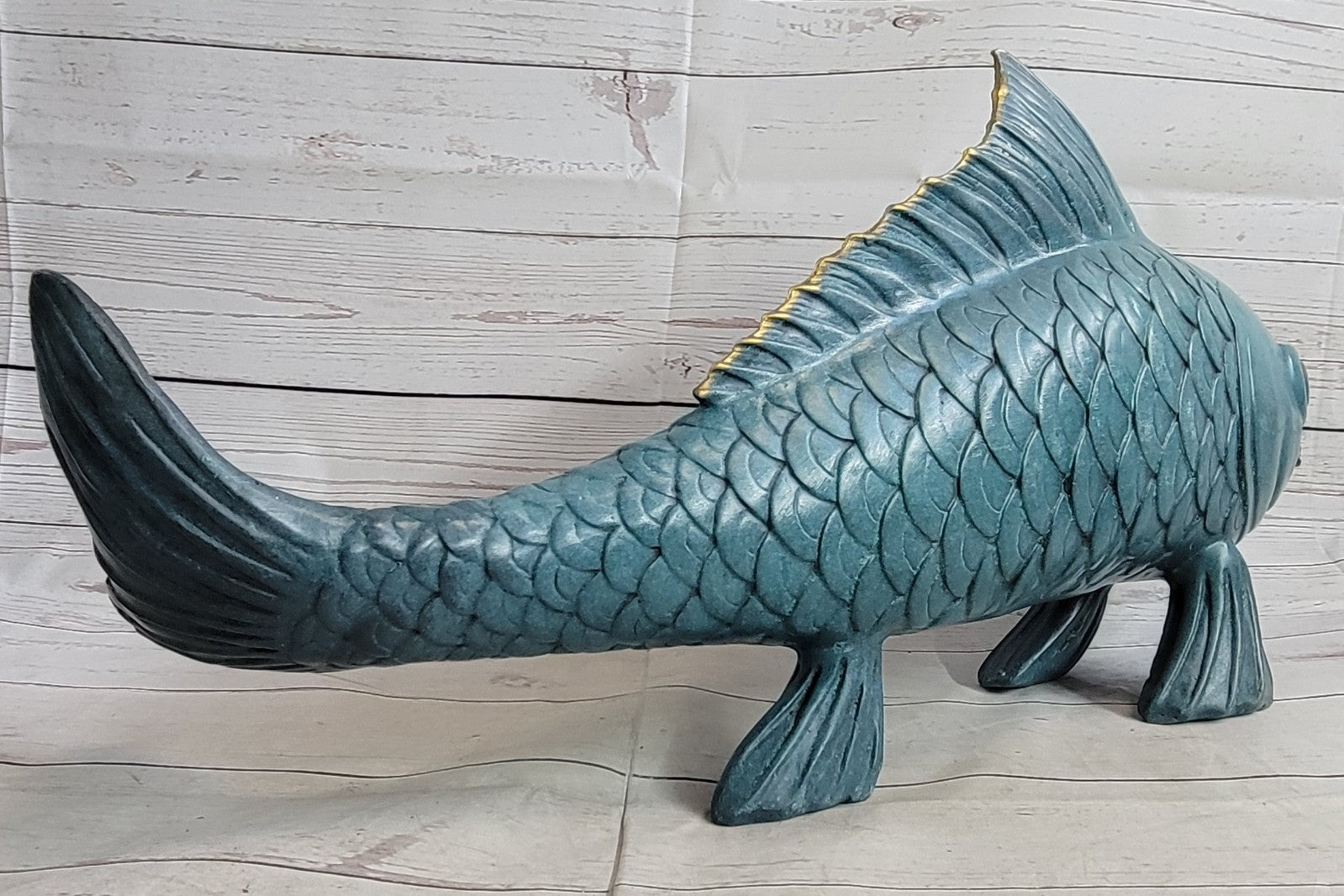 Art Deco Green Patina Fish Fisherman Cabin Decor Bronze Sculpture Figurine