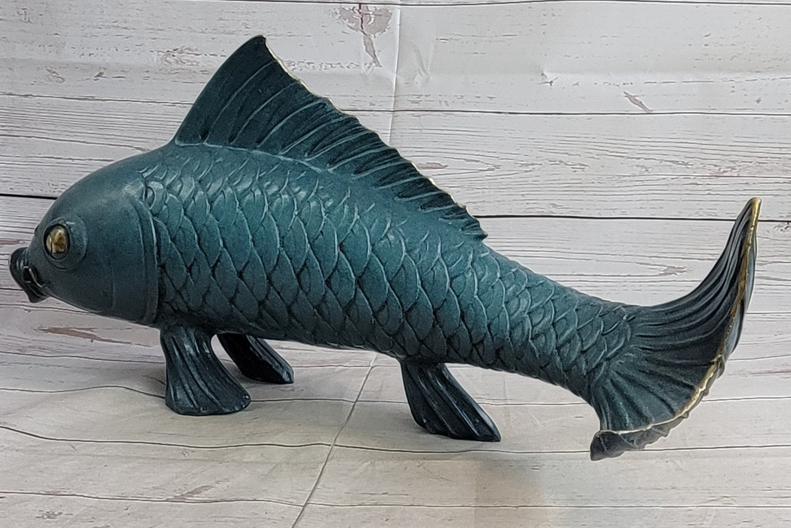 Art Deco Green Patina Fish Fisherman Cabin Decor Bronze Sculpture Figurine