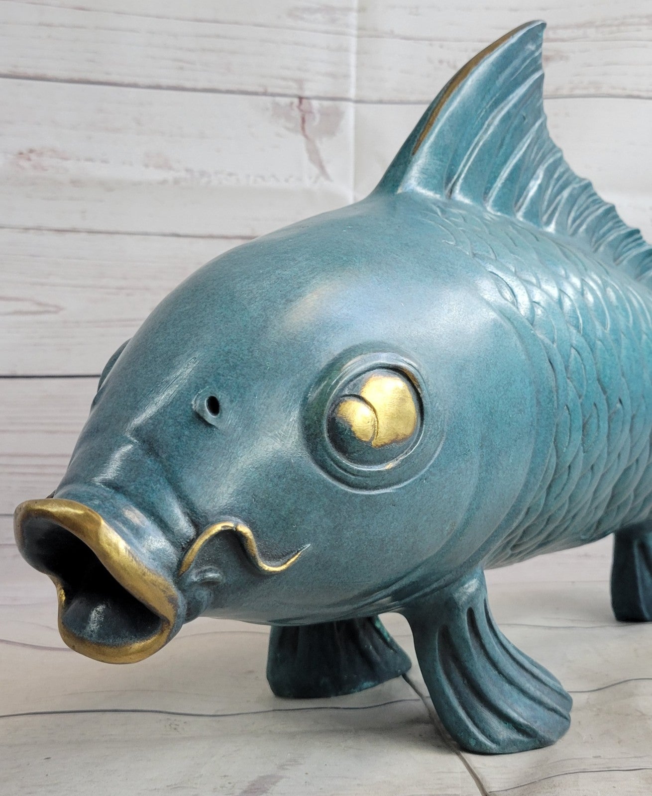 Art Deco Green Patina Fish Fisherman Cabin Decor Bronze Sculpture Figurine