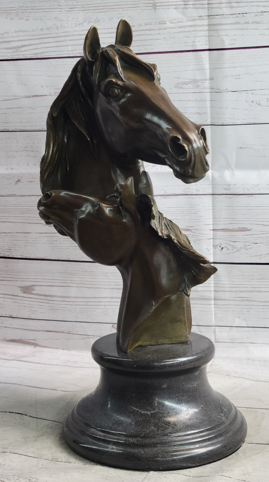 Two Horses Head Bust Bronze Sculpture on Marble Base Figurine Artwork Figure
