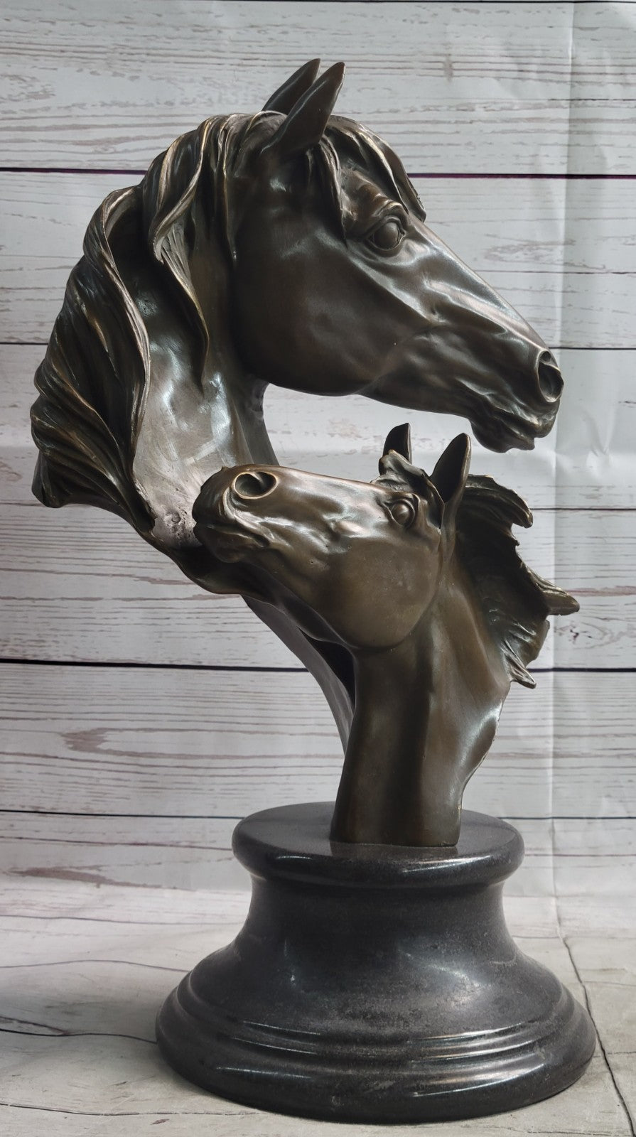Two Horses Head Bust Bronze Sculpture on Marble Base Figurine Artwork Figure