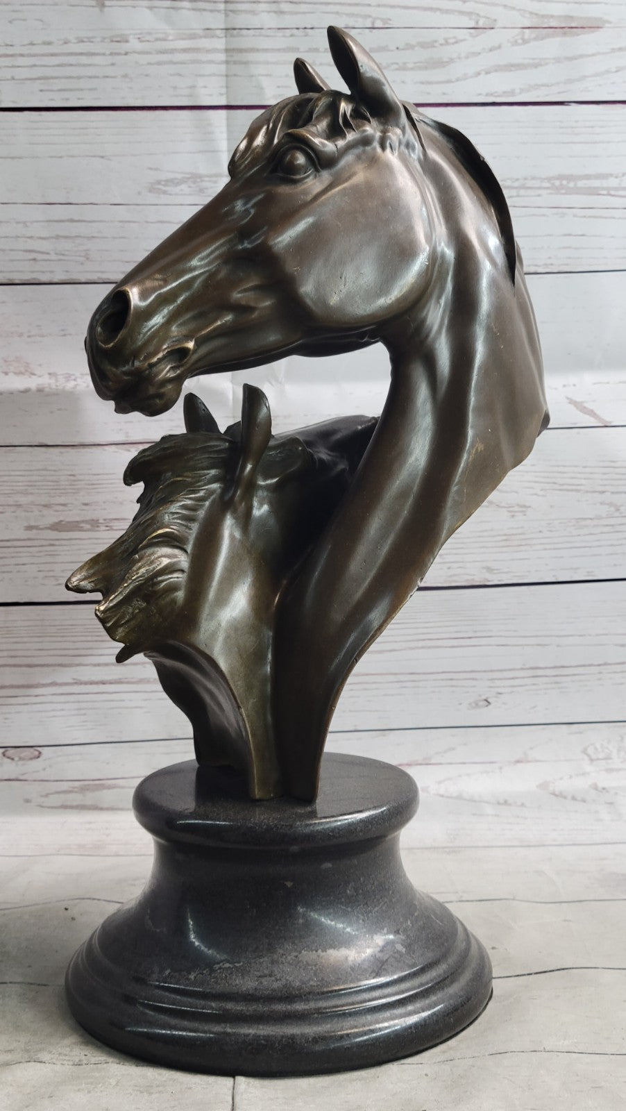 Two Horses Head Bust Bronze Sculpture on Marble Base Figurine Artwork Figure