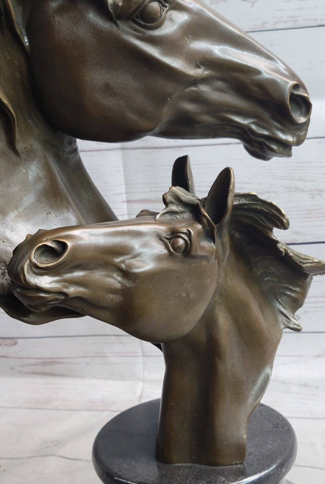 Two Horses Head Bust Bronze Sculpture on Marble Base Figurine Artwork Figure