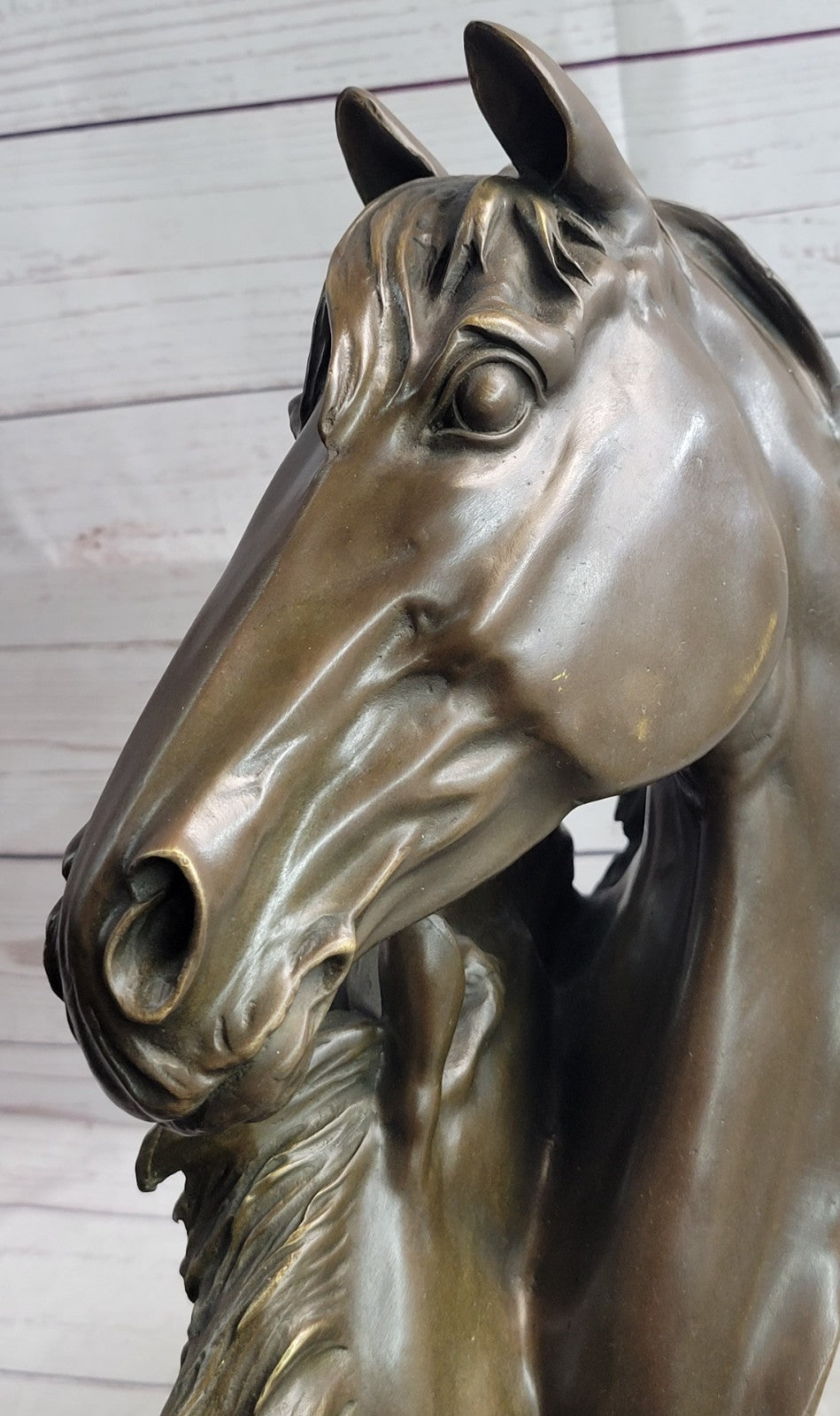 Two Horses Head Bust Bronze Sculpture on Marble Base Figurine Artwork Figure