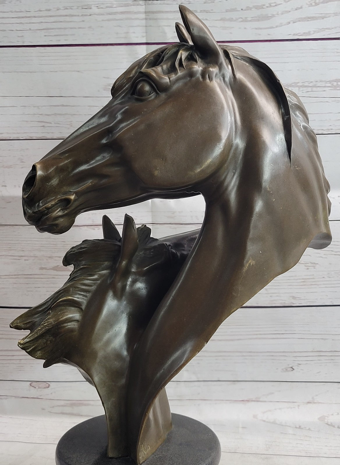 Two Horses Head Bust Bronze Sculpture on Marble Base Figurine Artwork Figure