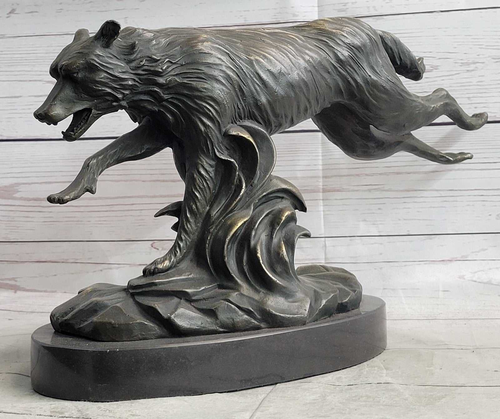 Exquisite Wolf Art: Signed C. Williams Bronze Sculpture, Marble Figure, Cabin Decoration