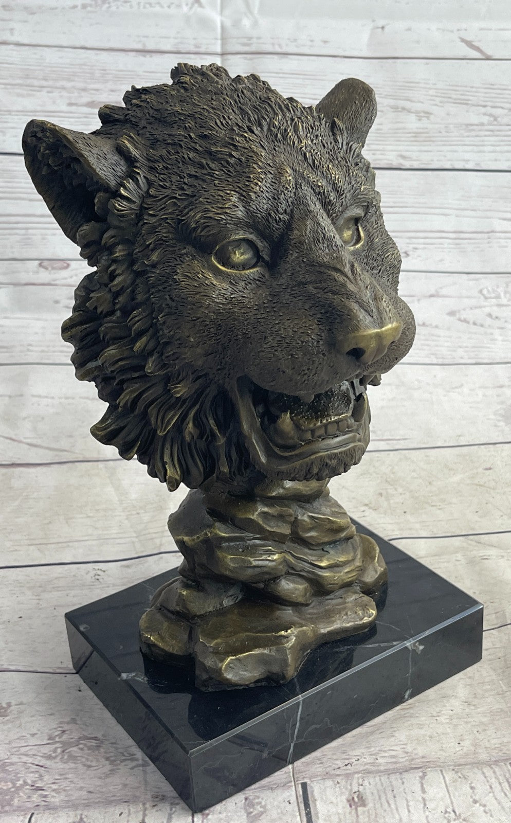 100% Solid Bronze Sculpture Wildlife Animal Lion Head Marble Base Figurine DEAL