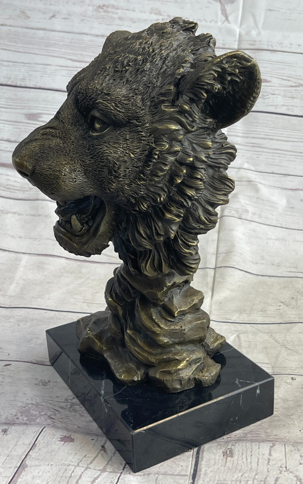 100% Solid Bronze Sculpture Wildlife Animal Lion Head Marble Base Figurine DEAL