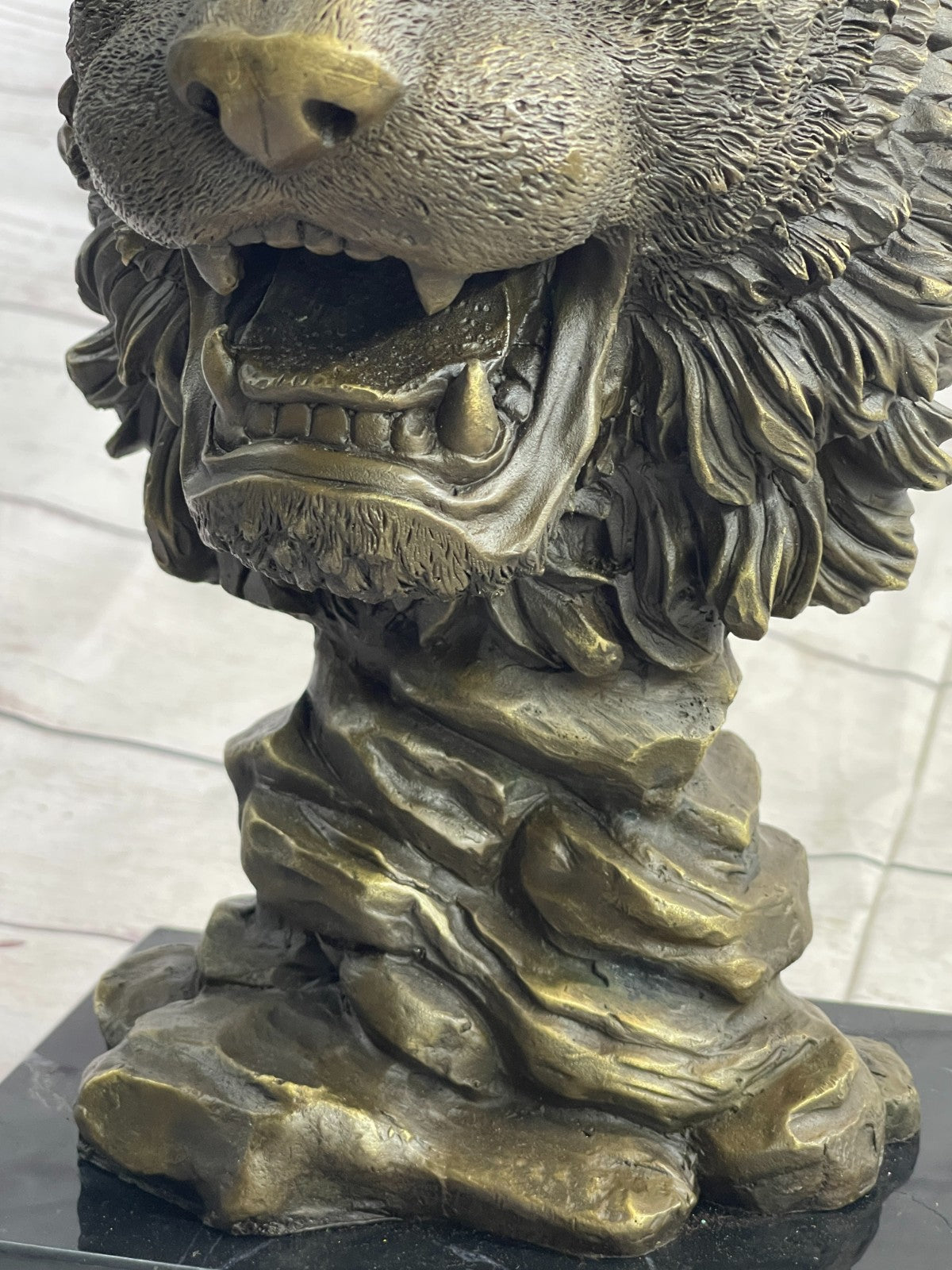 100% Solid Bronze Sculpture Wildlife Animal Lion Head Marble Base Figurine DEAL