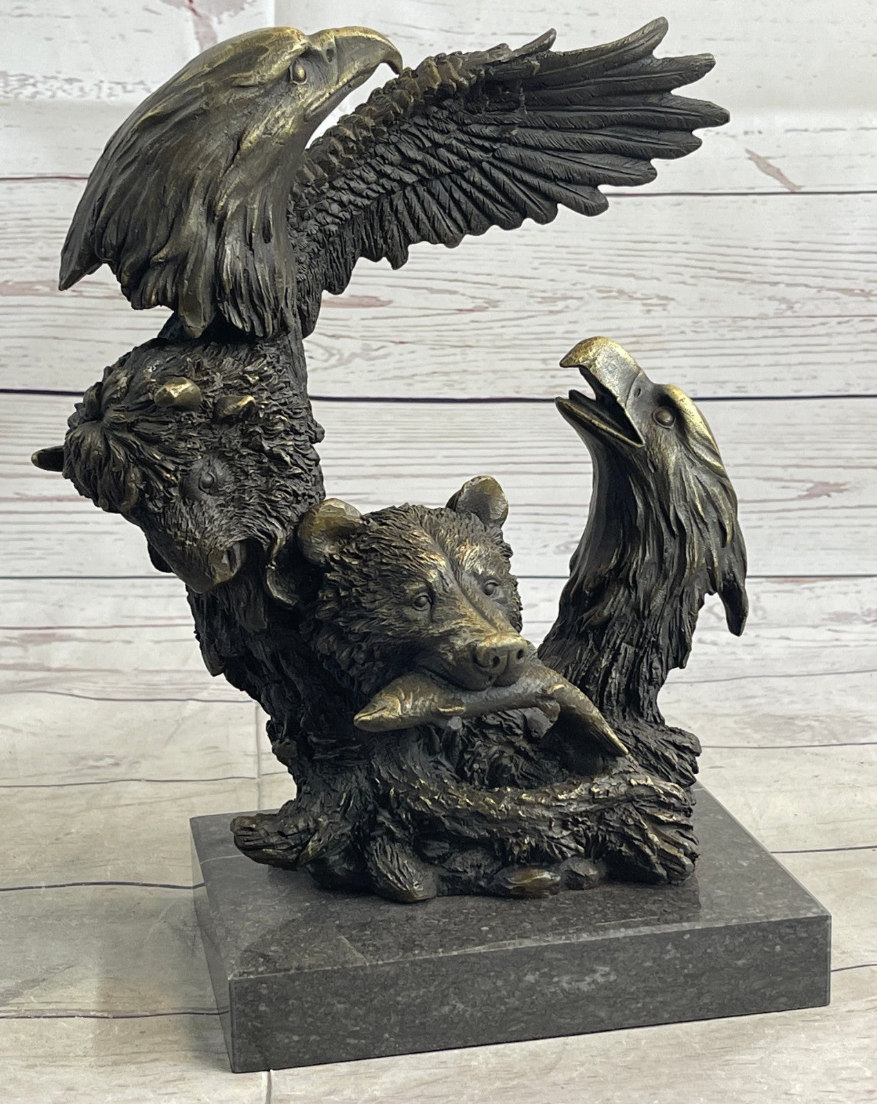 Nature`s Symphony: Bear, Eagle, and Buffalo Bronze Sculpture by Artist Milo