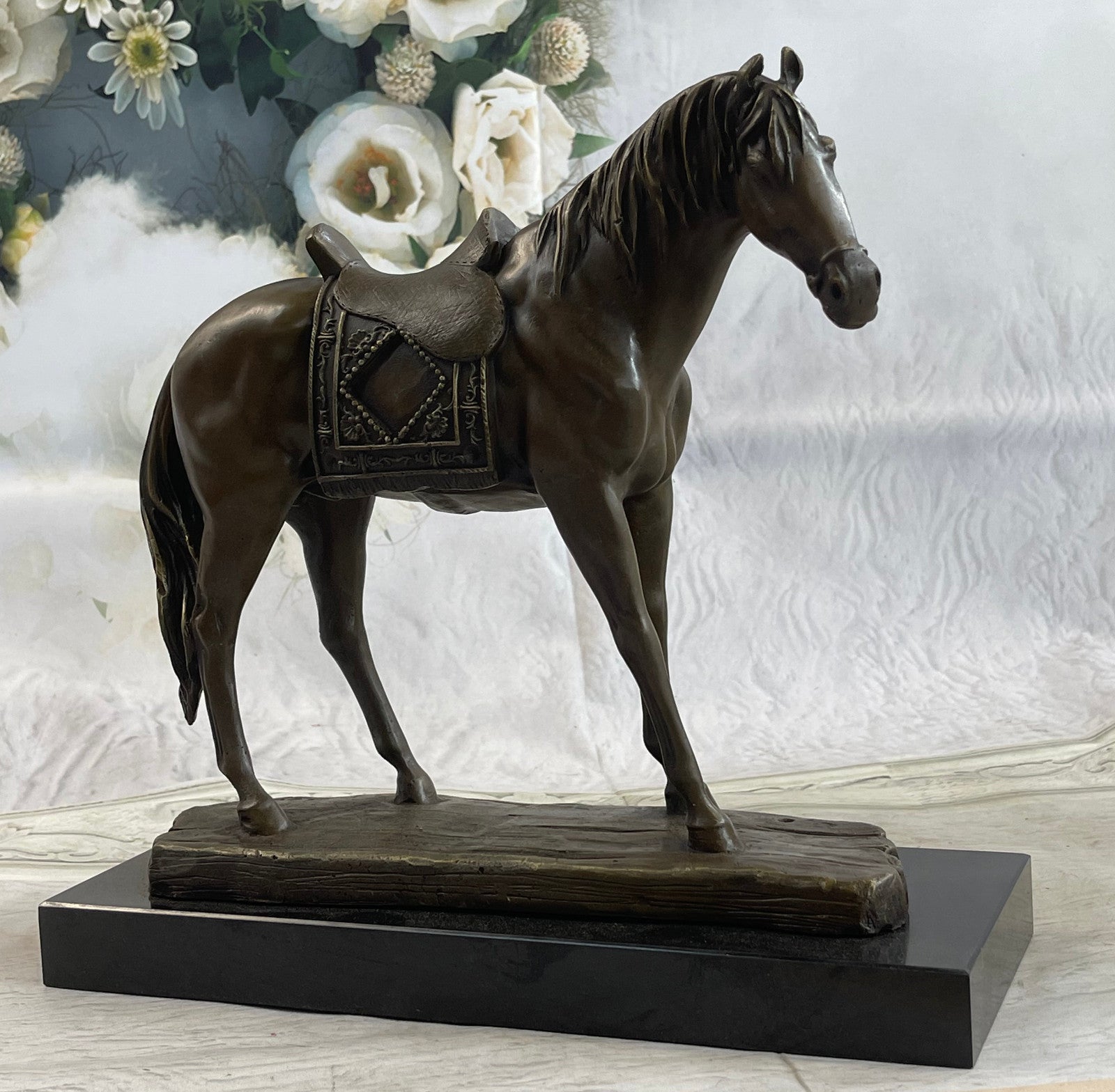 Handcrafted Work Horse Farm Bronze Sculpture Marble Base Figurine Figure