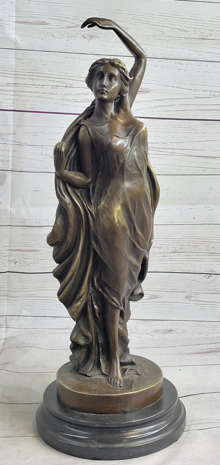 French Artist`s Seductive Beauty: Handmade Bronze Statue Sculpture on Round Marble