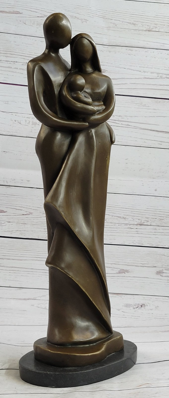 Bronze Sculpture Modern Art Signed Original Male And Female Holding Baby Figurin