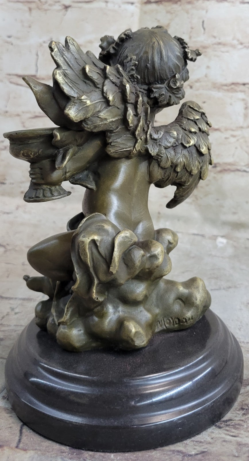 BRONZE CANDLE HOLDER ANGEL FIGURINE - STATUE W/ MARBLE BASE HOT CAST FIGURE GIFT