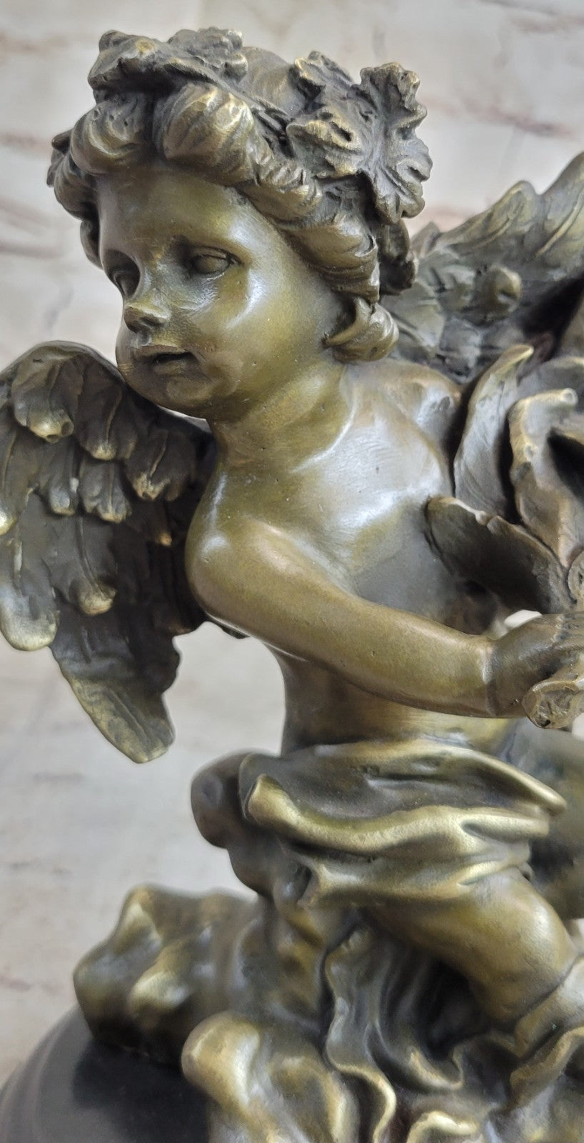 BRONZE CANDLE HOLDER ANGEL FIGURINE - STATUE W/ MARBLE BASE HOT CAST FIGURE GIFT