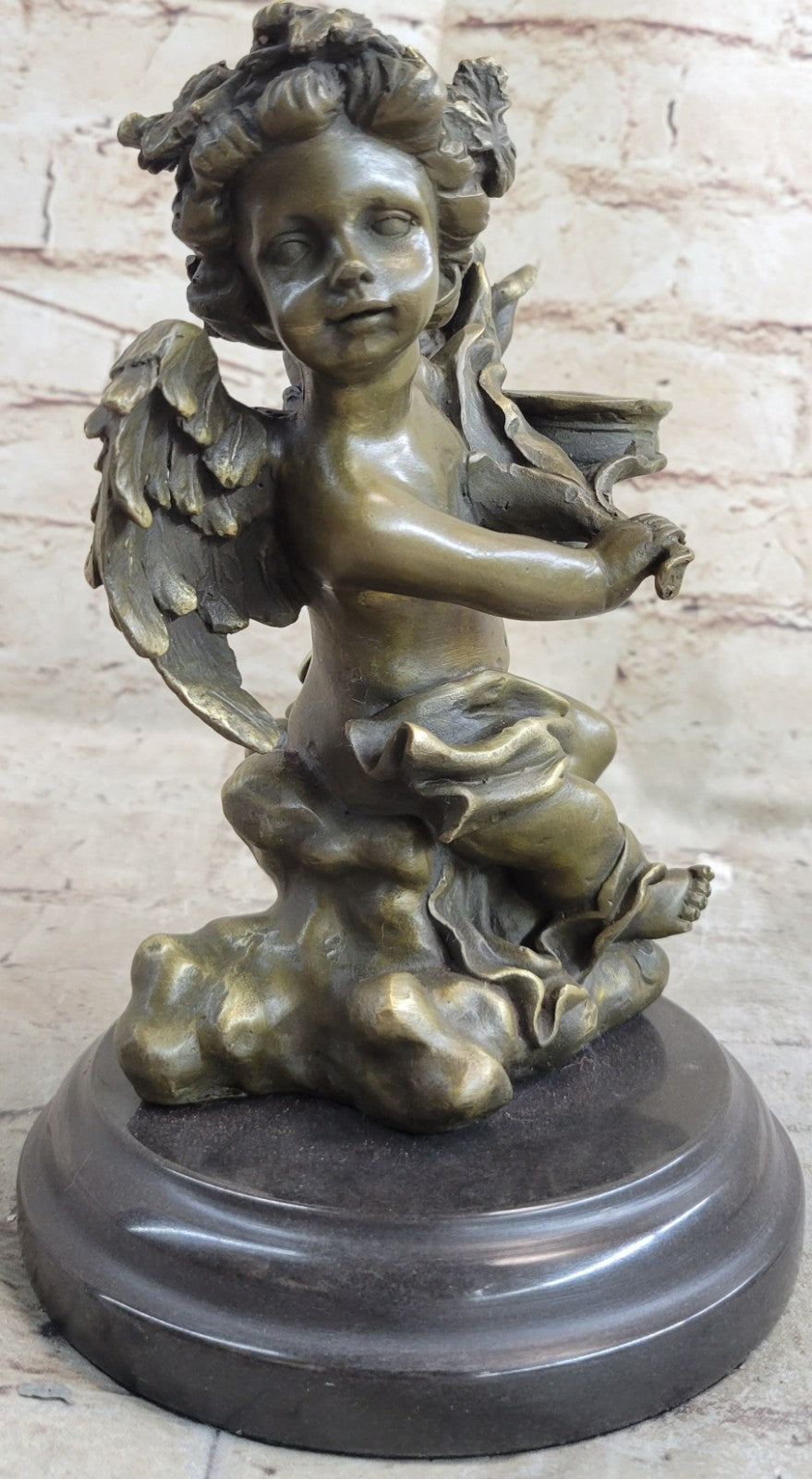 BRONZE CANDLE HOLDER ANGEL FIGURINE - STATUE W/ MARBLE BASE HOT CAST FIGURE GIFT