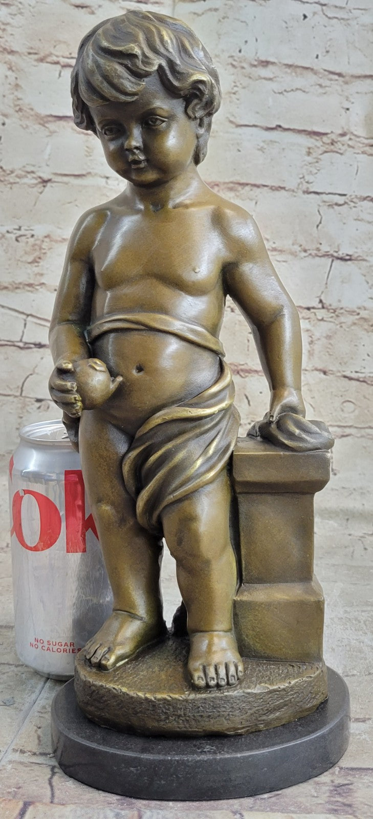 Handcrafted Bronze Art Nude Little Boy Holding Apple Sculpture Statue Figure