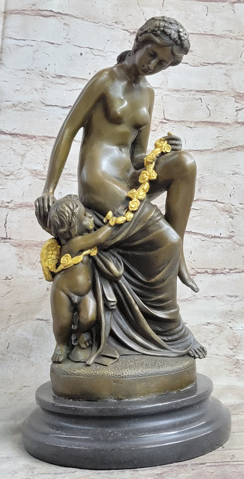 FABULOUS VINTAGE ORMOLU BRONZE LARGE PUTTI CHERUB WITH NUDE LADY SCULPTURE DECOR
