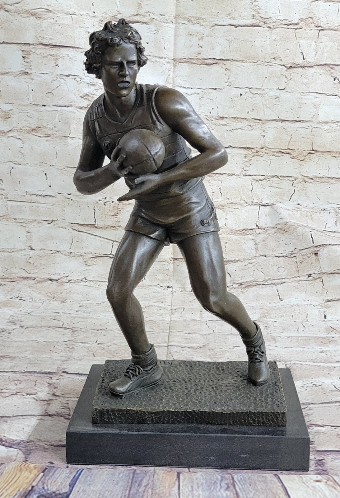 Art Deco 100% Bronze Marble Sculpture Statue Figure Rugby Football Player Deco