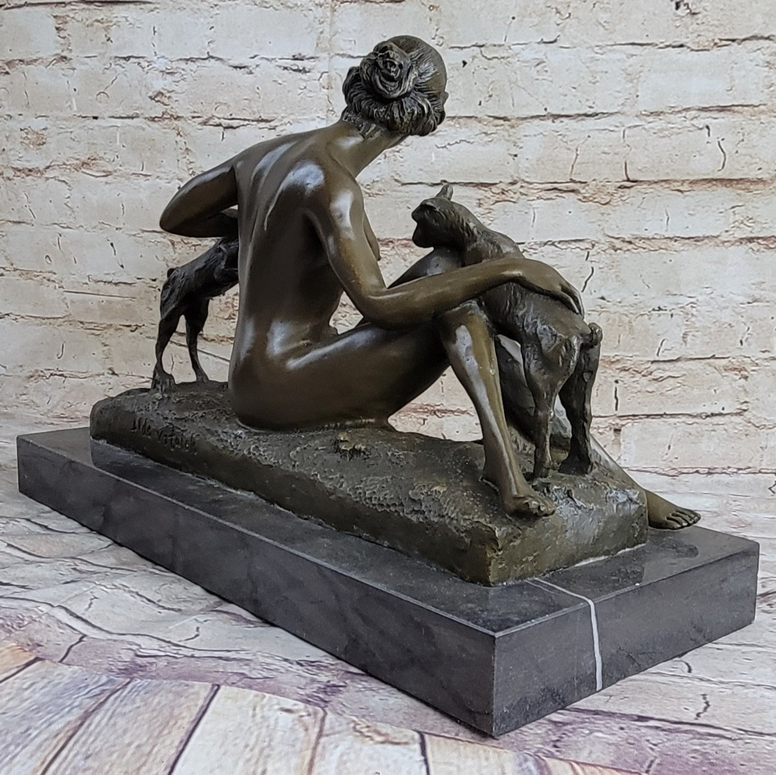 Wonderful French bronze lady Sitting with 2 Goats Sculpture Marble Base Vitaleh