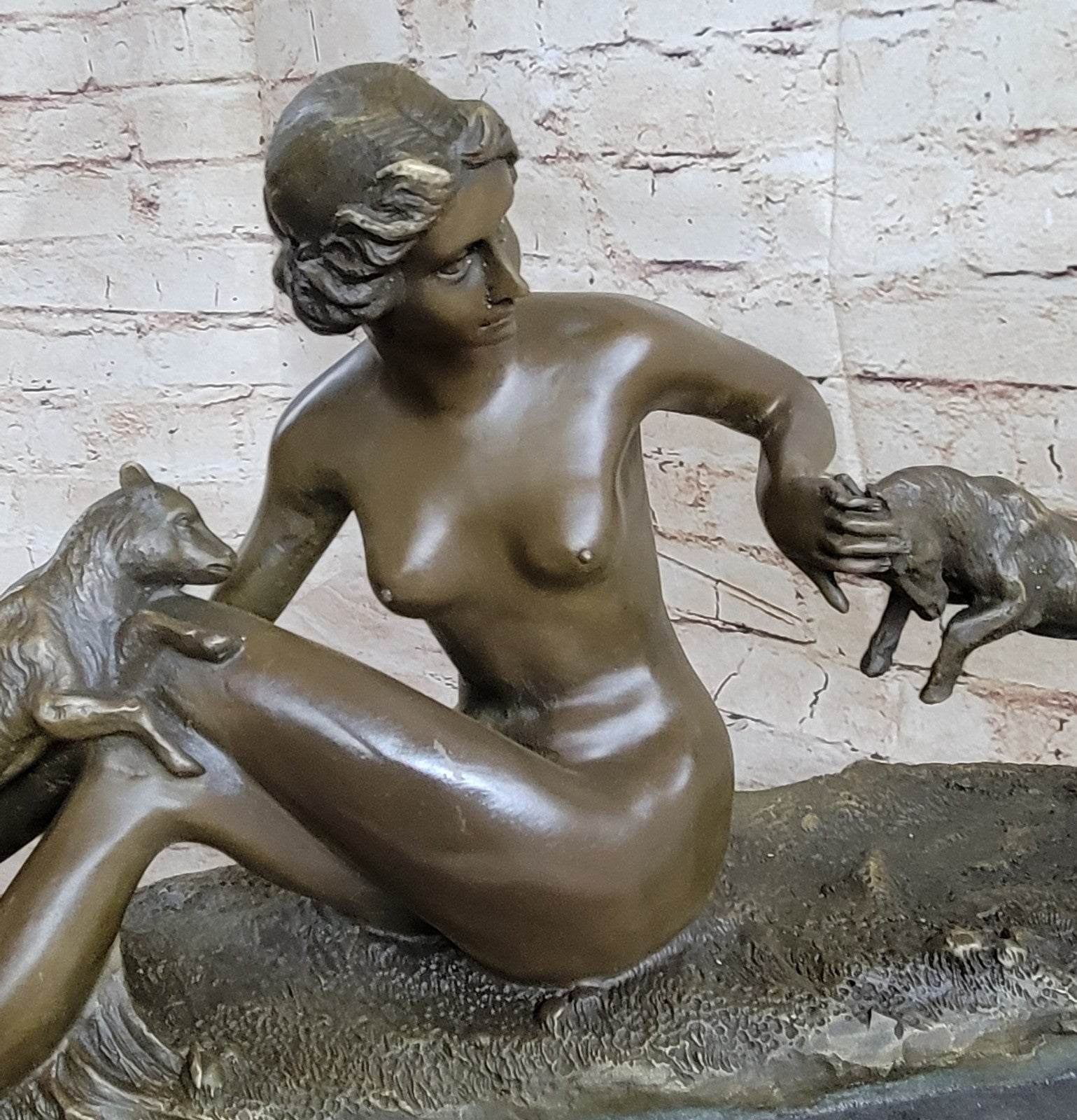 Wonderful French bronze lady Sitting with 2 Goats Sculpture Marble Base Vitaleh