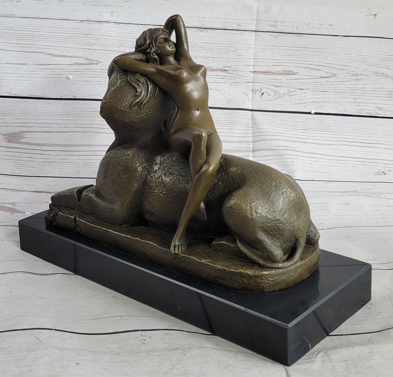 Egyptian Lion with Nude Nymph Bronze Sculpture Marble Statue Home Decoration